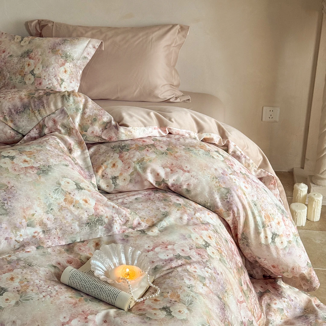 秋冬保暖法式轻奢天丝棉纯棉磨毛四件套云柔加厚花卉被套床上用品