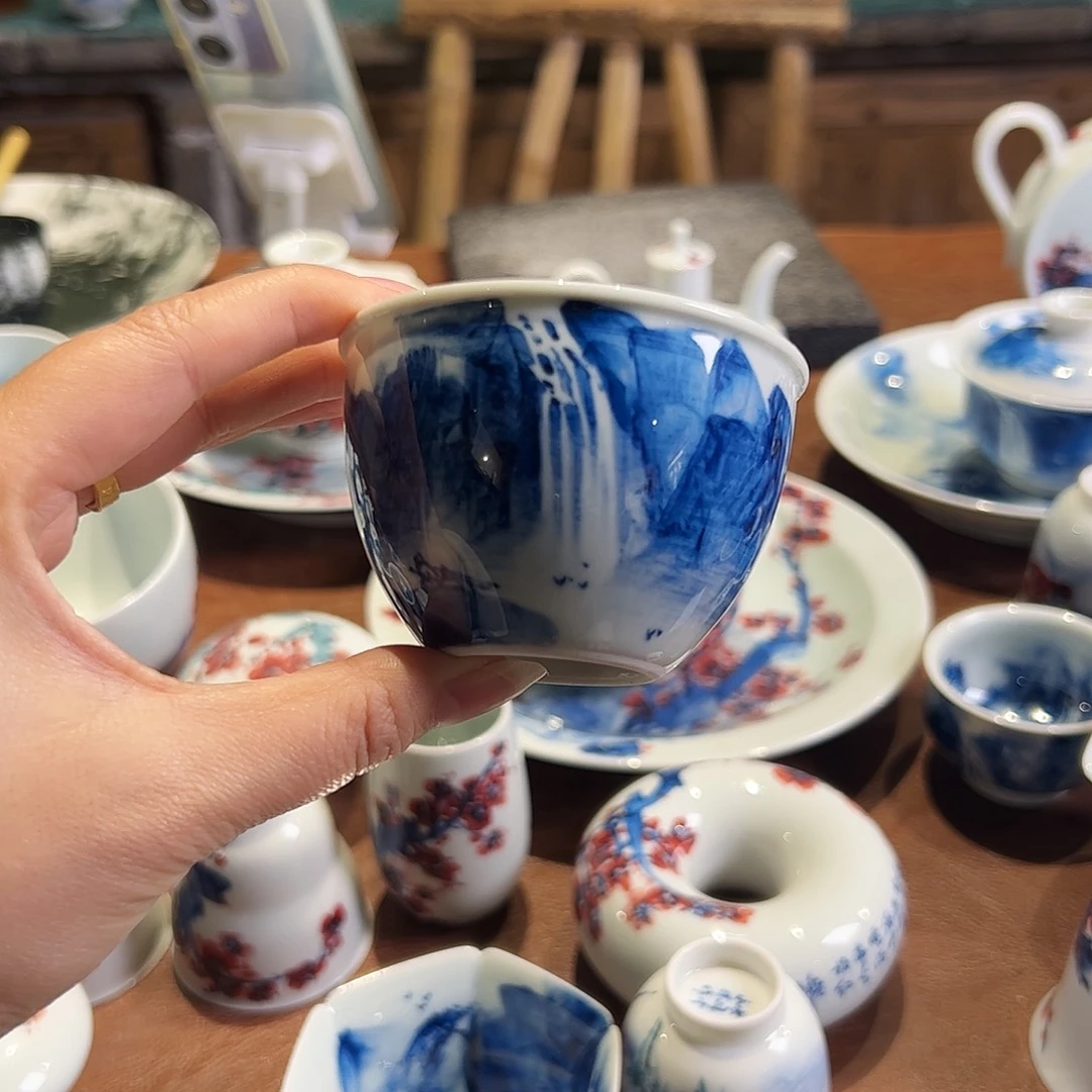 冰***芦青花手绘山水主人杯