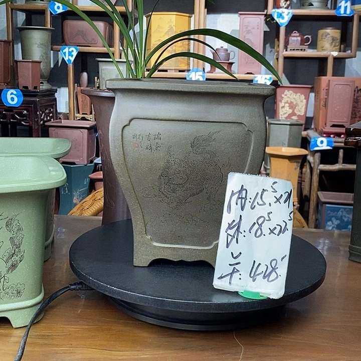 用***7紫砂花盆鲨皮青精工四方麒麟刻绘