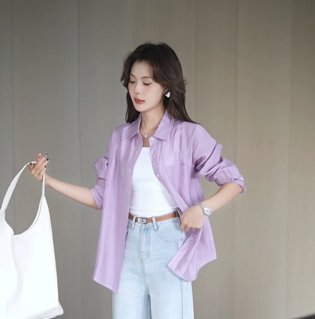 8822夏季新款薄料莱赛尔透视休闲衬衫宽松版防晒衬衣女