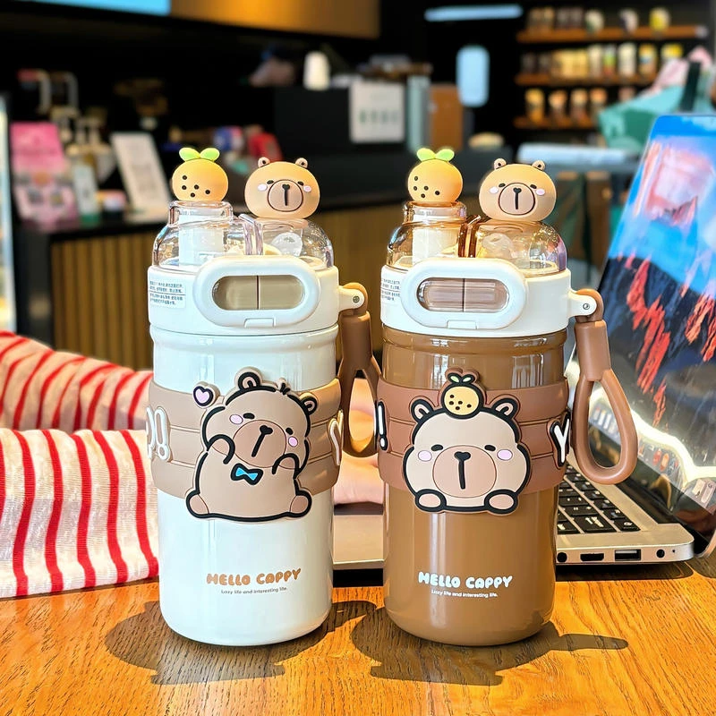 保温杯大容量保温杯大容量可爱卡皮巴拉眼镜一杯双饮保温杯坚固杯