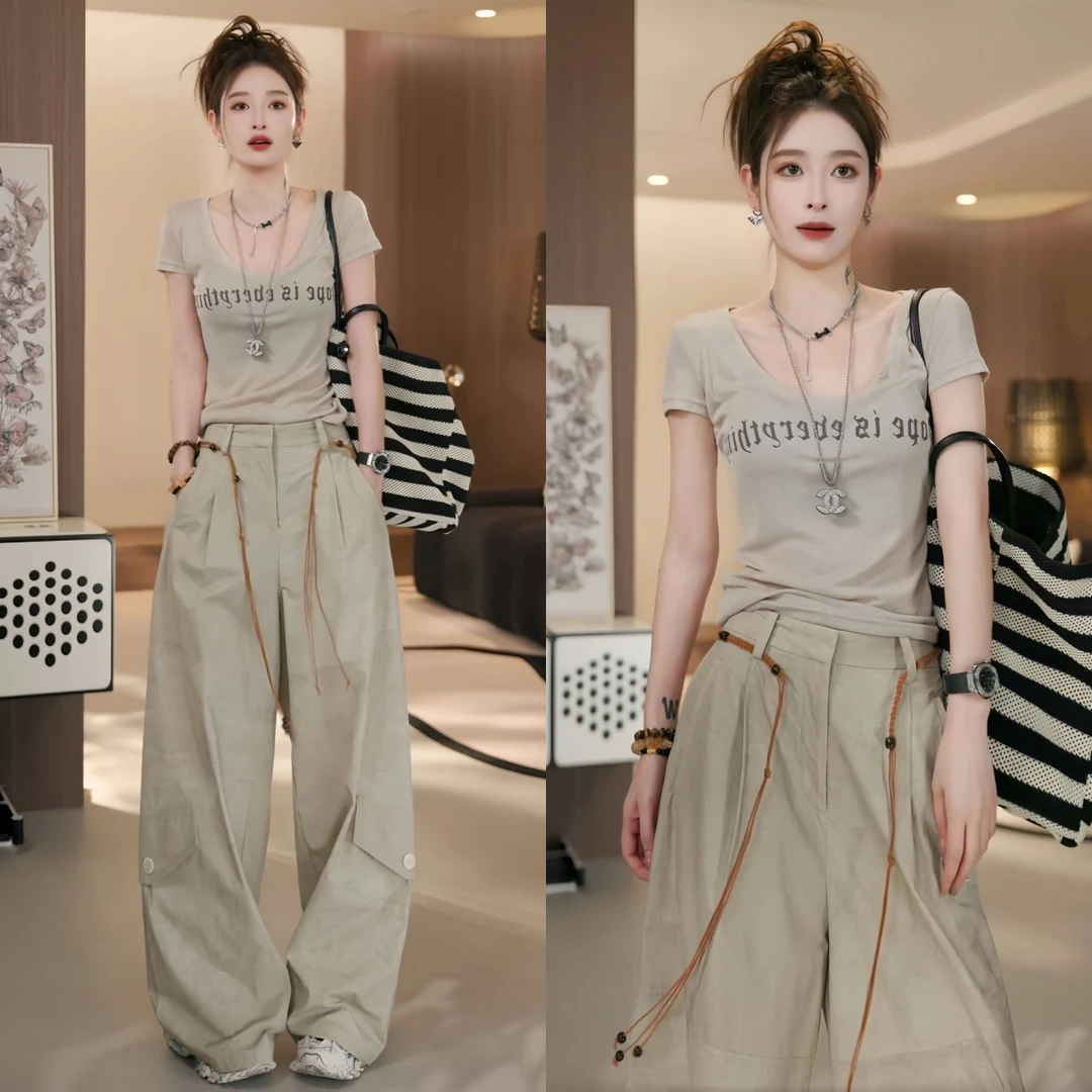 2025夏季新款时尚休闲洋气百搭印花短袖T恤+阔腿工装裤两件套套装