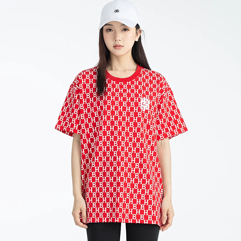 落肩袖T恤抗起球短袖半袖女士老钱风运动大码圆领老花满印短袖T恤