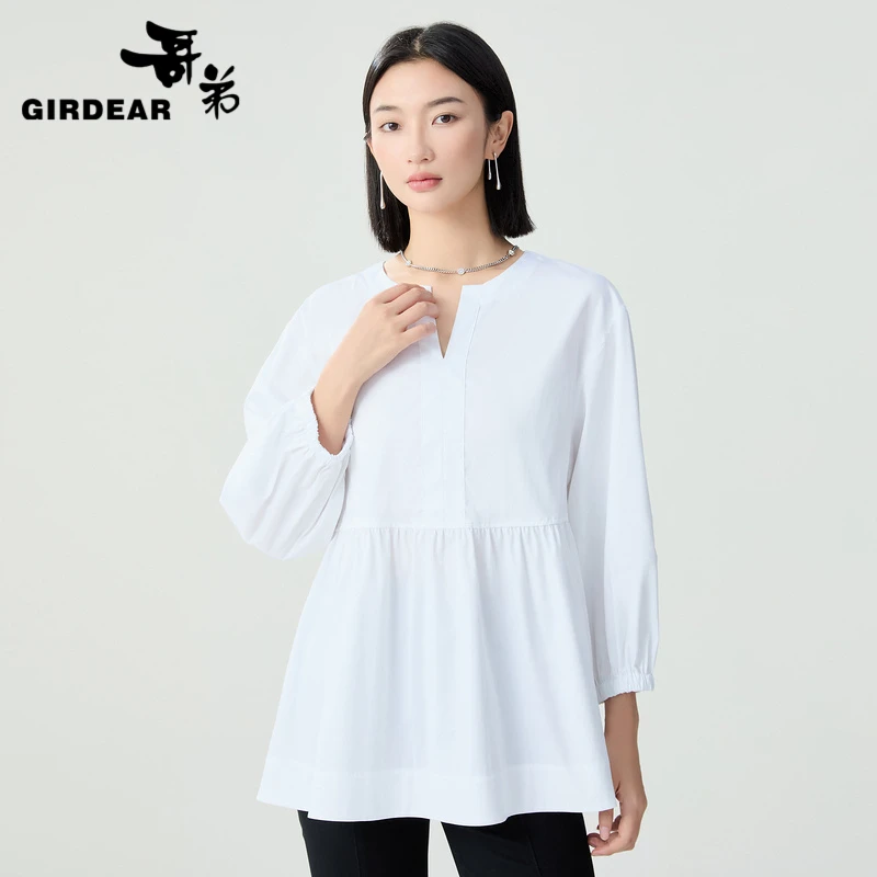 GIRDEAR/哥弟时尚简约通勤纯色宽松圆领七分袖减龄衬衣女-1300861