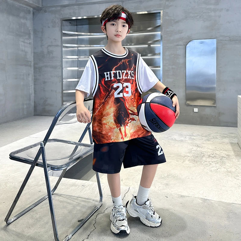 男童夏装套装2025新款中大童冰丝速干男孩运动儿童夏天短袖篮球服