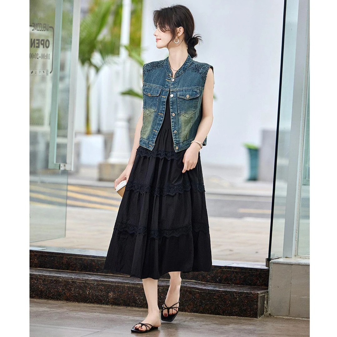 25年春夏复古刺绣水洗牛仔马夹时尚百搭直筒绣花马夹女