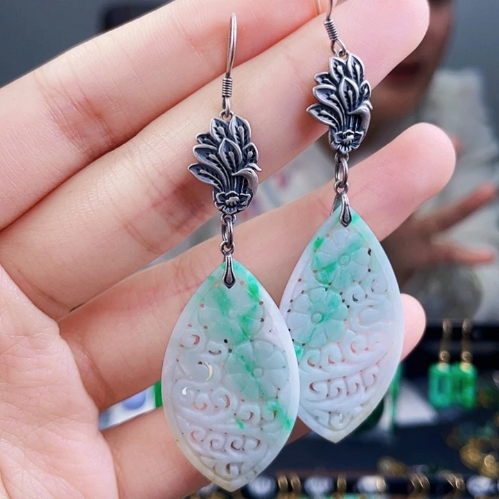 翡翠耳饰银S925镶嵌饰品