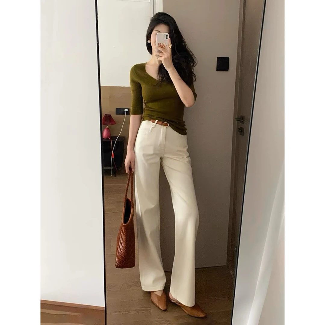 《叶子严选》四面弹-米白色-修身直筒裤-天花板材质 高规版