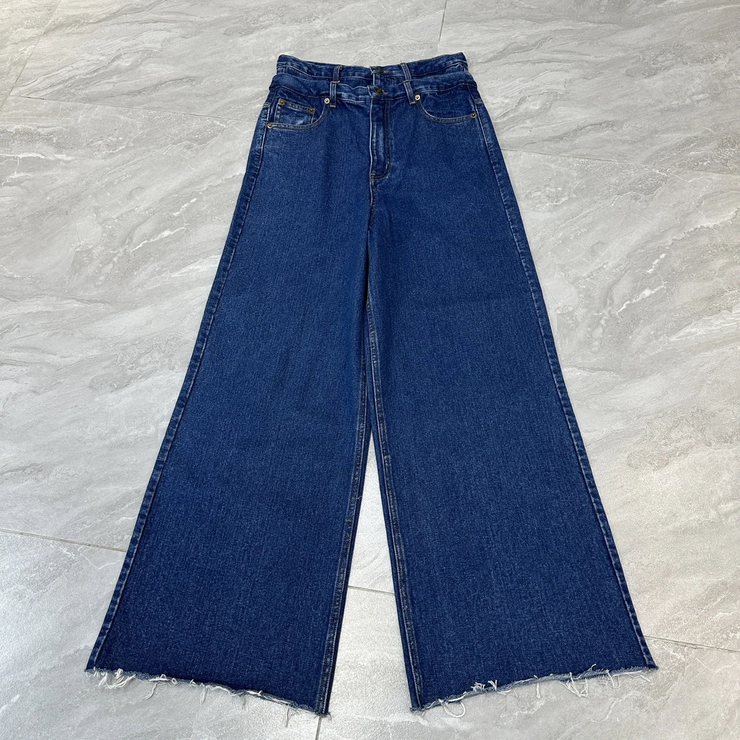 双裤头设计高腰毛边牛仔阔腿裤77331