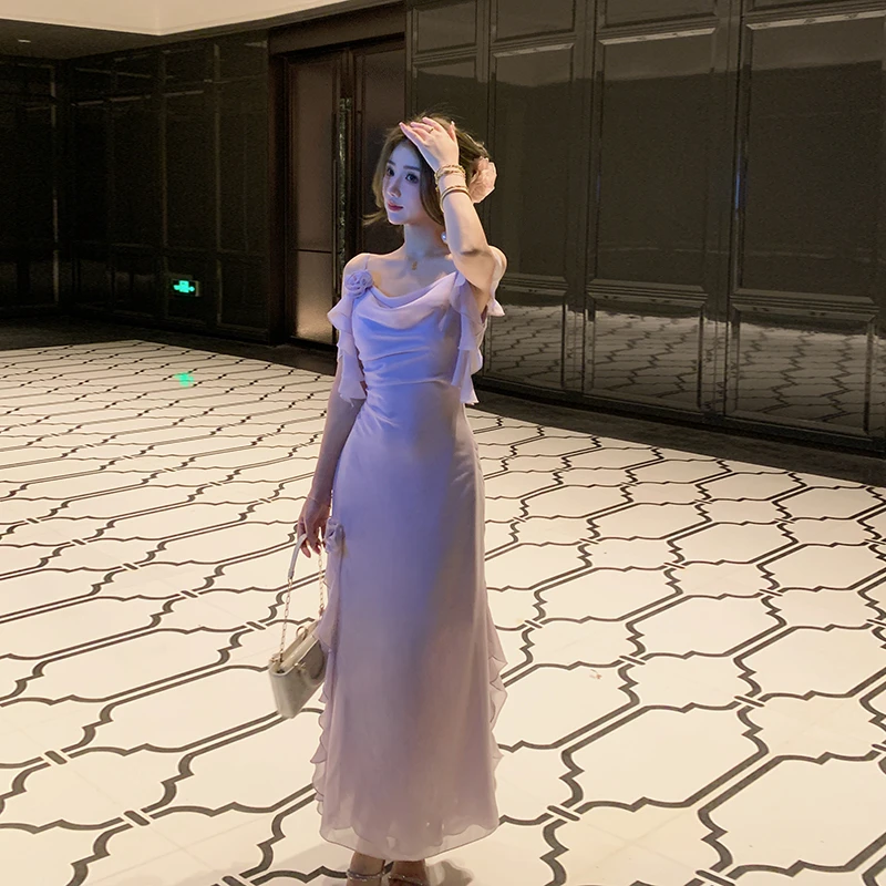 冰冰来了【花间柔光】法式仙女吊带长裙飘带一字肩开叉连衣裙27132