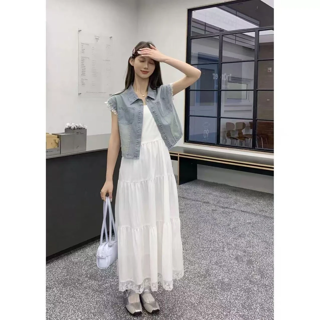 6001复古牛仔外套短袖衬衫女薄款夏小个子吊带裙外搭开衫套装