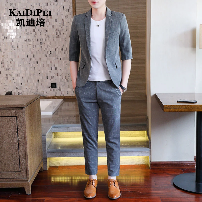 【凯迪培】夏季短袖格子西服套装男士半袖韩版修身帅气七分袖西装