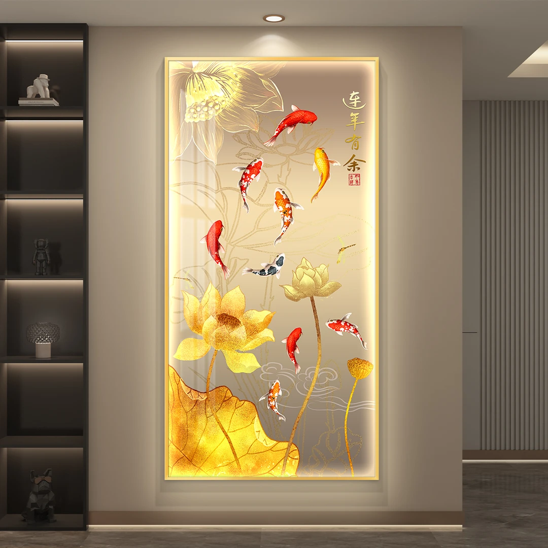 九鱼图玄关装饰画led带灯新中式轻奢入户进门挂画竖版走廊墙壁画