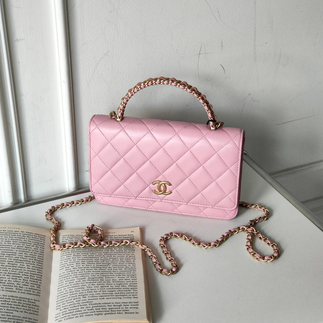 95新 Chanel/香奈儿 22K 粉色羊皮编织手柄woc手提斜挎包 50069