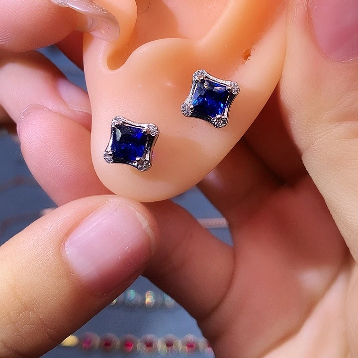 蓝宝石耳饰银S925镶嵌