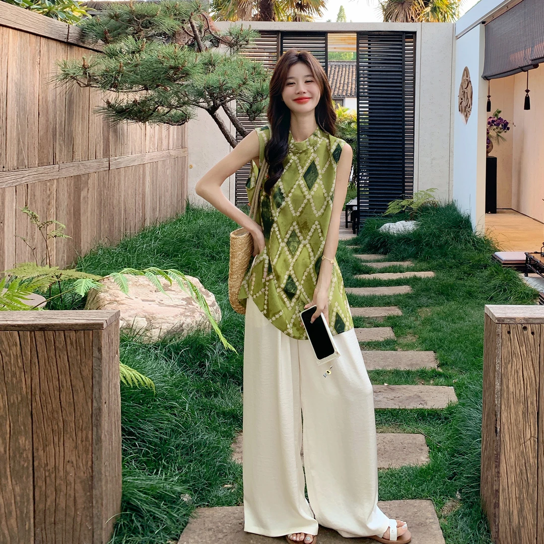 UQS纯欲慵懒风套装2025新款夏季新中式阔腿裤套装洋气减龄两件套