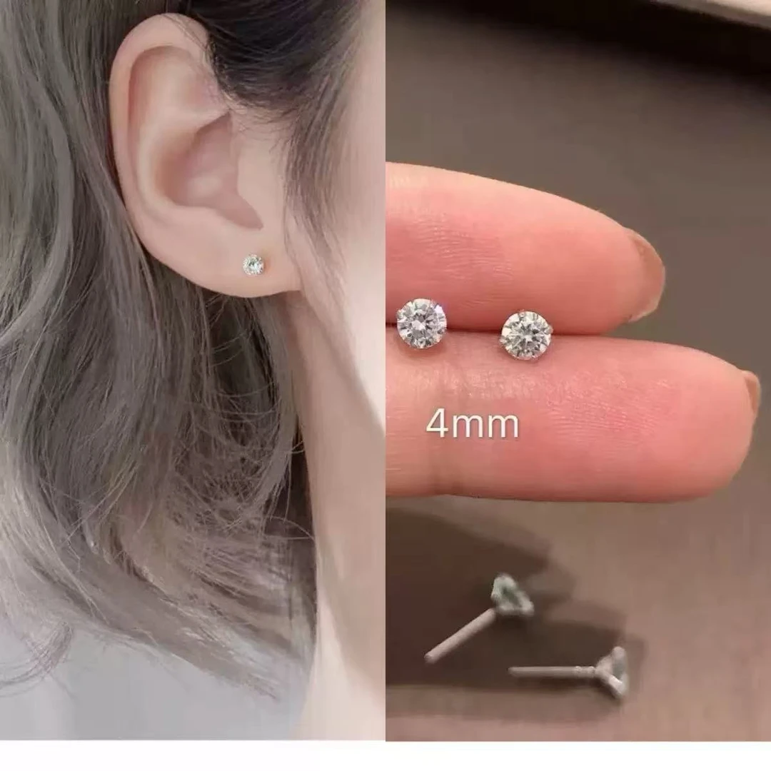 足银耳饰 锆石耳钉明星同款四爪超闪螺纹耳钉防过敏精致养耳洞