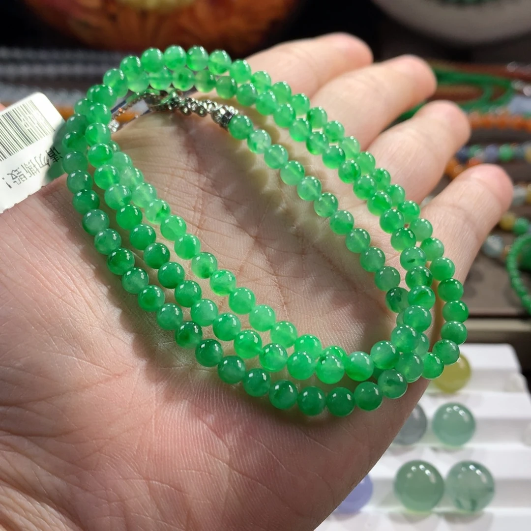 翡翠未镶嵌手链闭眼拍！好货低漏！色正冰阳绿项链 卡4.68