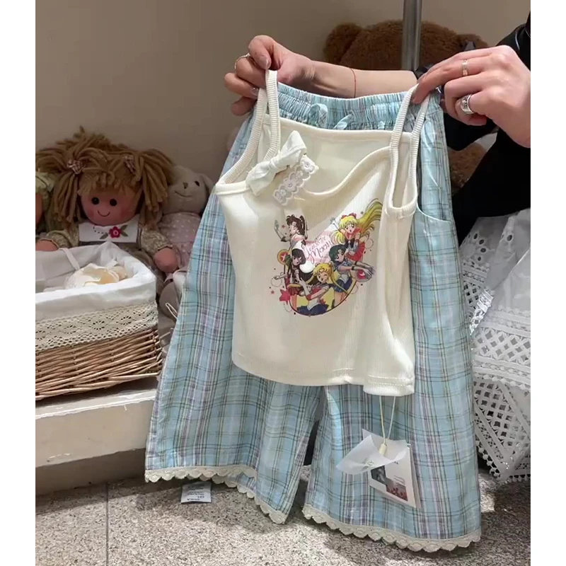 【Y-M】套装女童夏季时尚印花格子卡通休闲百搭宽松