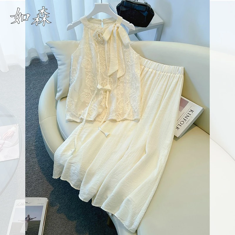 无袖挂脖背心连衣裙女夏季2025新款法式气质温柔风巨好看裙子套装