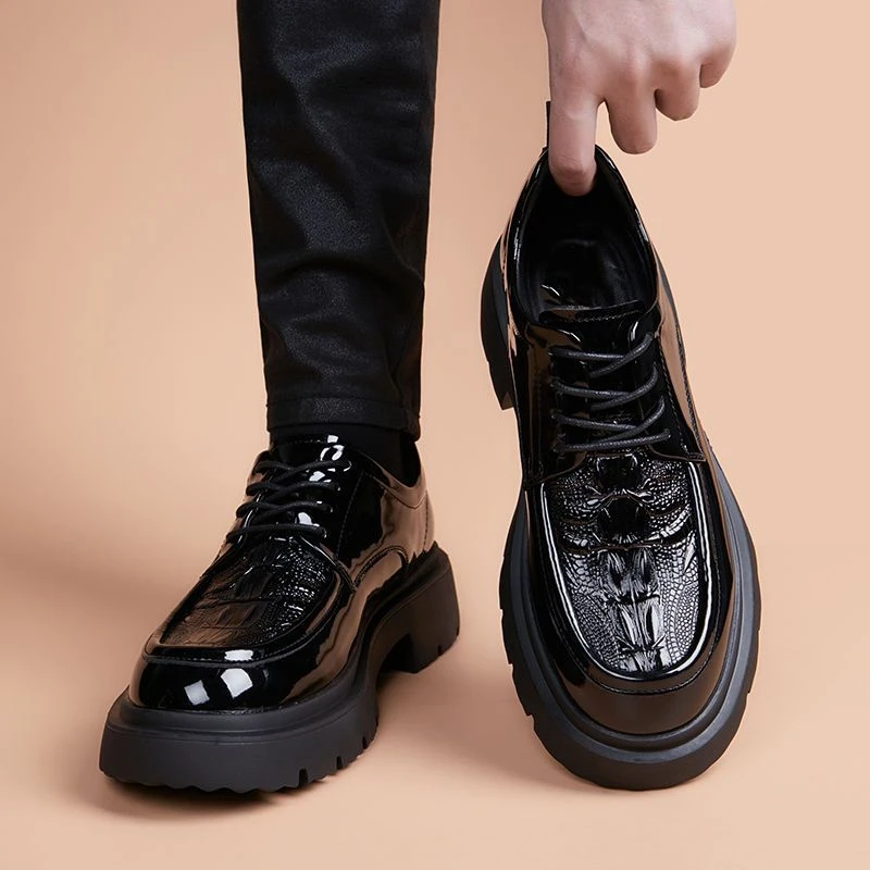 皮鞋男款秋季新款商务正装男士休闲潮鳄鱼纹英伦厚底增高百搭男鞋