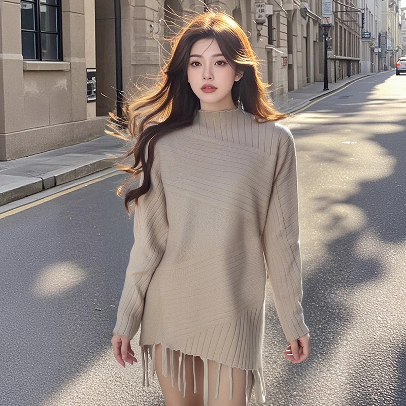 AI图 现货 2025春装新款设计感半高领宽松流苏中长款上衣针织衫女