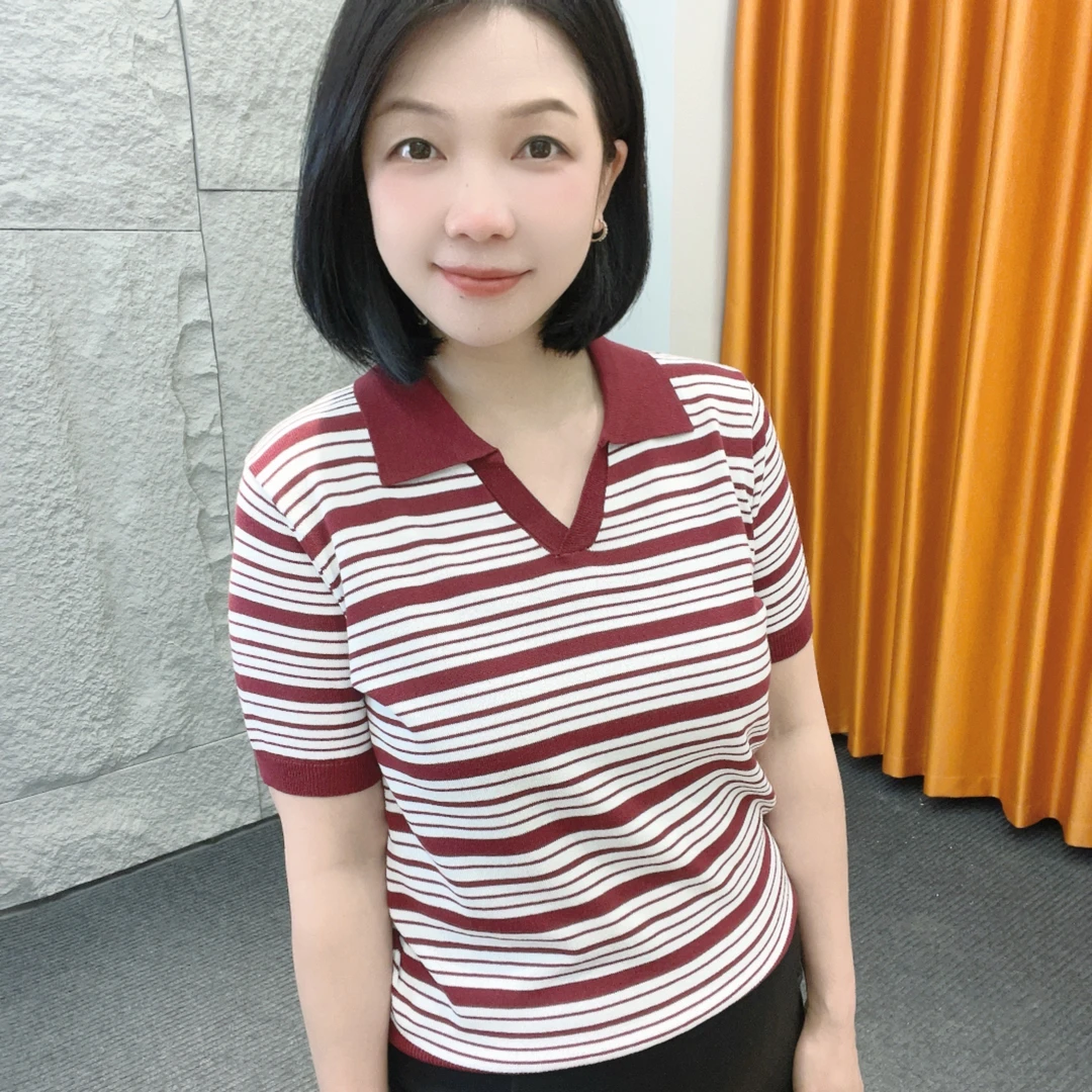 5003微胖夏季新款【大米家专属】撞色polo洋气V领气质条纹针织衫