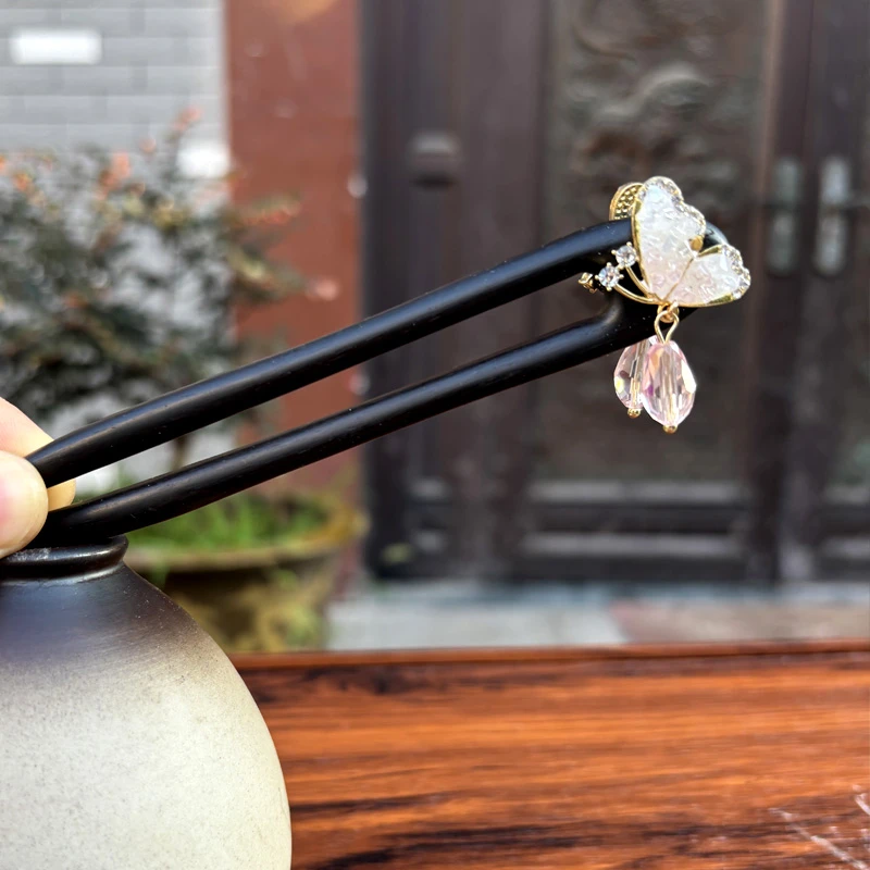 天然黑檀木发簪双面【水晶蝴蝶】轻奢气质日常新中式简约清新发簪