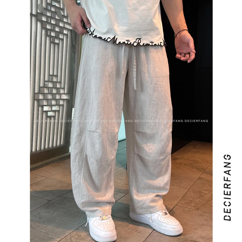 天丝亚麻混纺老钱风休闲裤男夏季薄款透气简约轻奢松弛垂感长裤