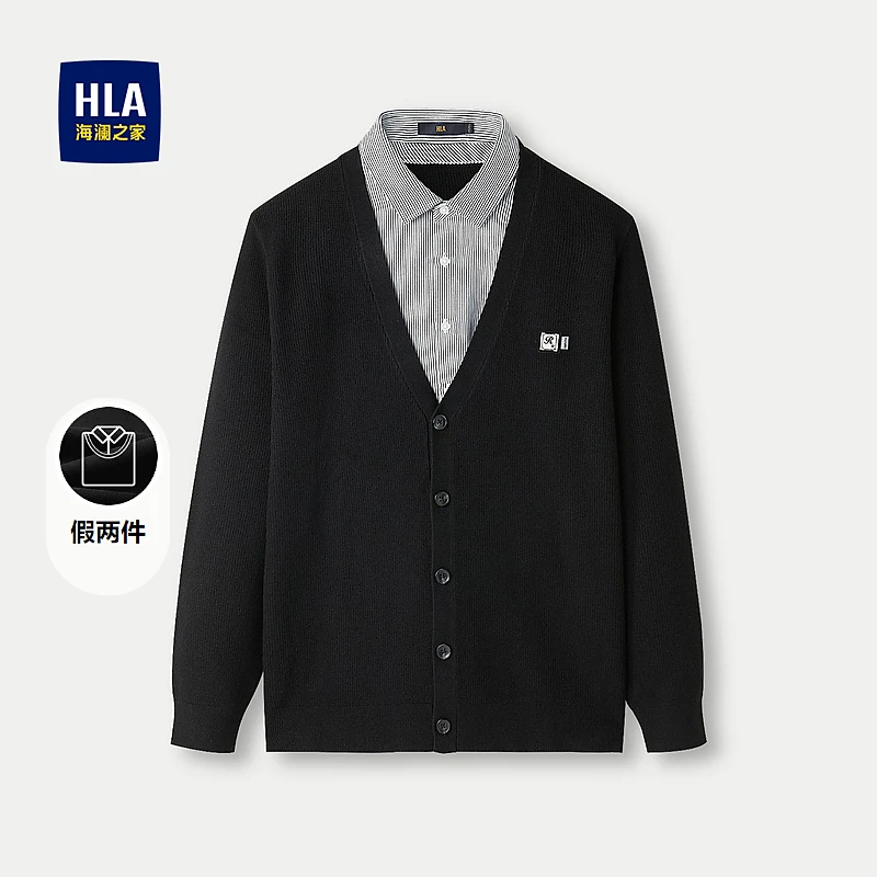 【假两件针织衫】HLA海澜之家长袖针织衫男修身撞色字母毛衣男