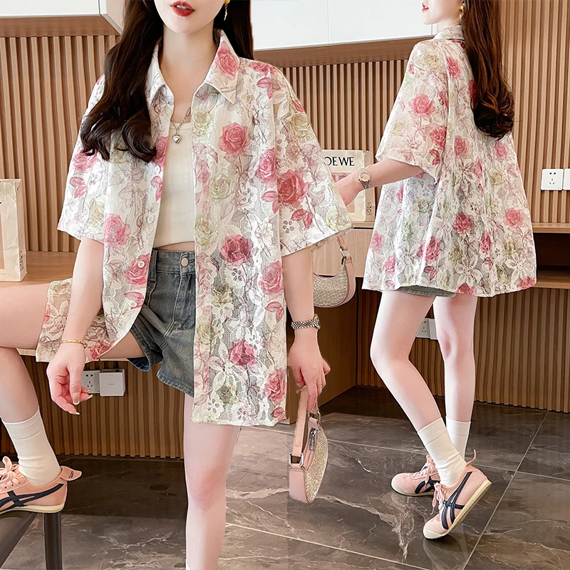 大码女装设计感薄款防晒衬衫女夏季新款韩版宽松百搭印花短袖衬衣