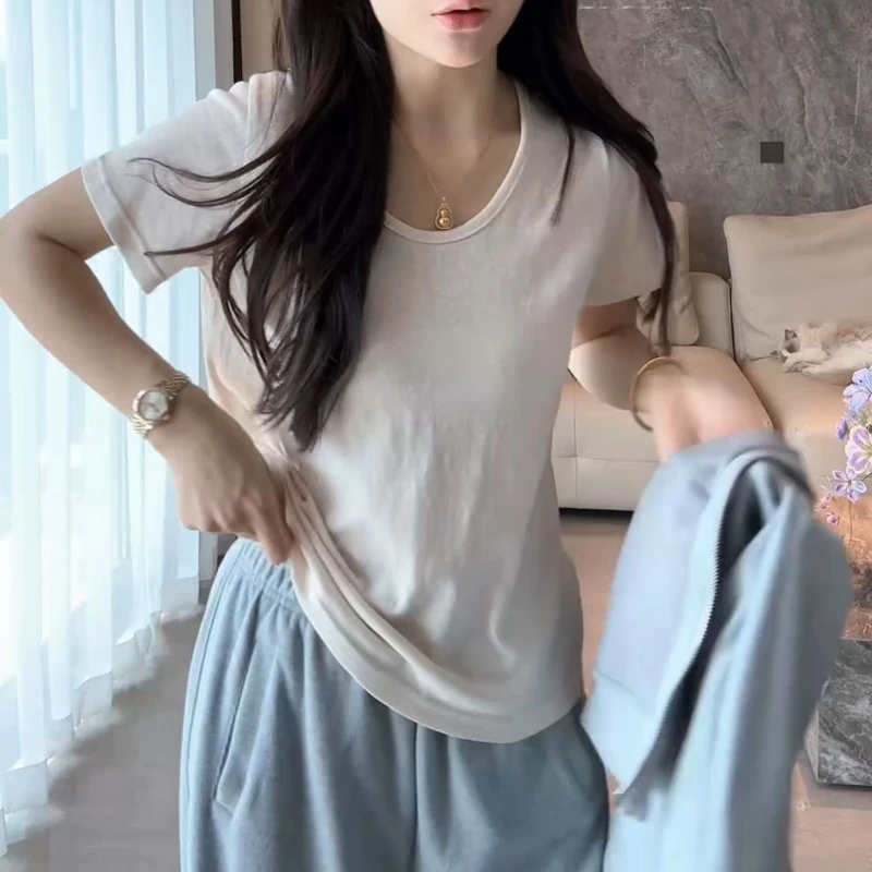 2025新款时尚百搭休闲棉麻纯色鹅蛋领百搭短袖T恤LK2502342