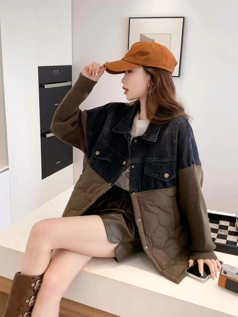 冬季中长款拼接针织方领衬衫短款百搭上衣外套网红