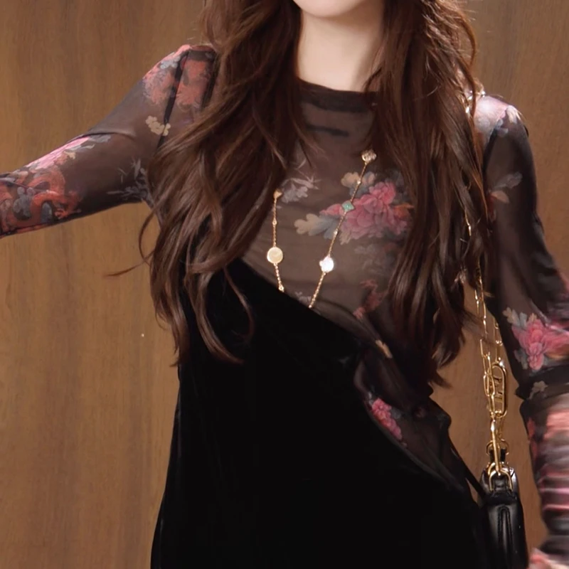 时尚气质百搭国风龙戏花长袖T恤女2025早秋新款高级感修身上衣潮