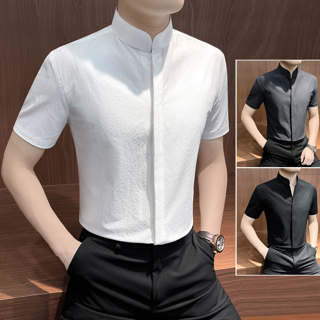 新中式立领短袖衬衫男款爆款2025新款商务男装纯色暗门襟男士衬衣