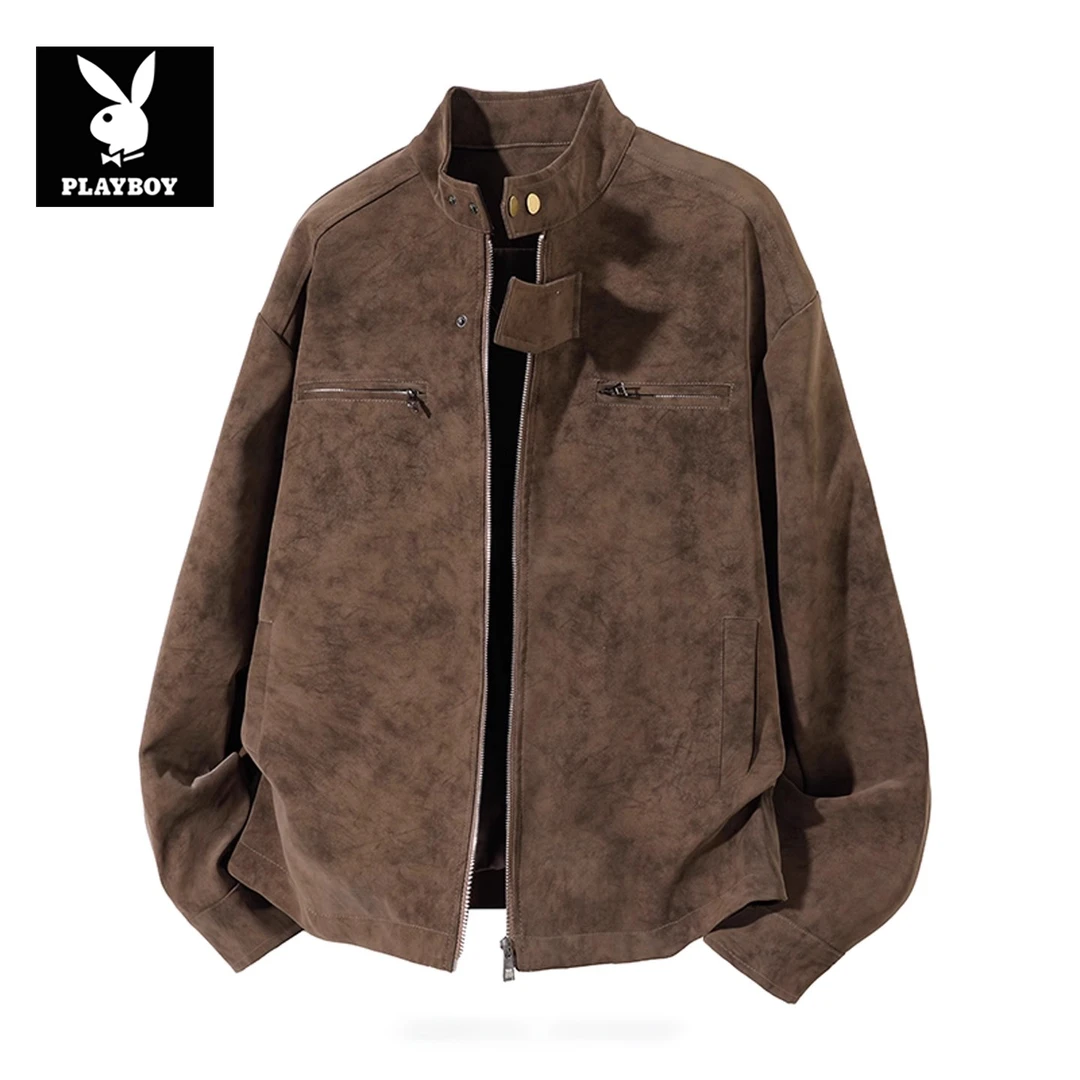 花花公子男士美拉德废土风皮衣新款街头外套美式复古时尚潮牌夹克