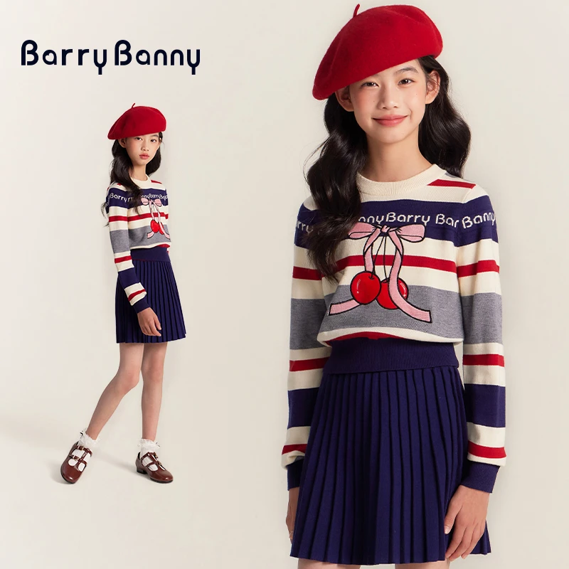 BarryBanny女童半身裙学院风秋季儿童短裙针织新款毛织高腰百褶裙