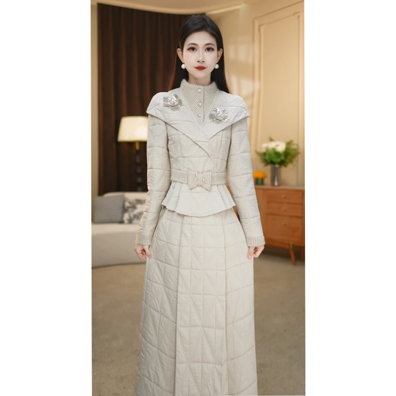 【赛菲雅】冬季加厚新款优雅减龄修身通勤中长款两件套套装M-4XL