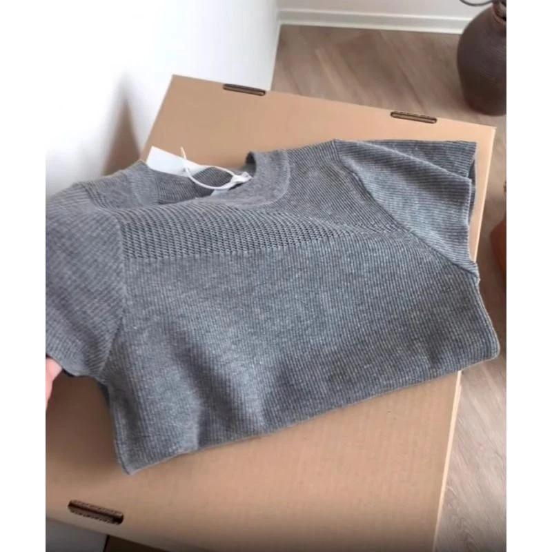 冷淡系高级感灰色小飞袖冰丝针织正肩短袖T恤女夏季修身薄款上衣