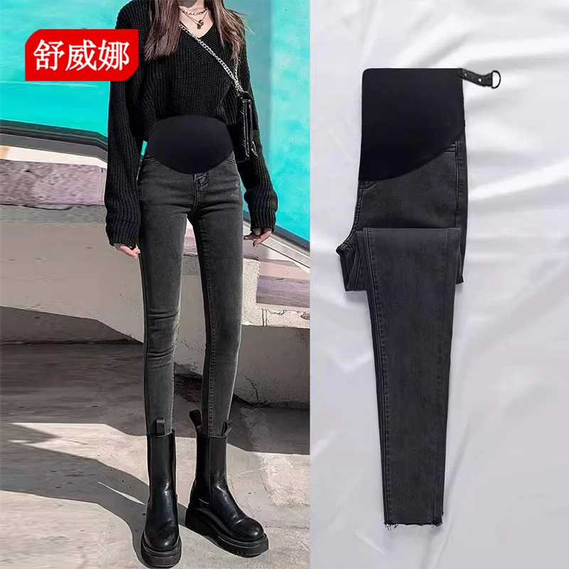 加长孕妇烟灰色牛仔裤高腰托腹春秋款弹力高个子修身小脚裤