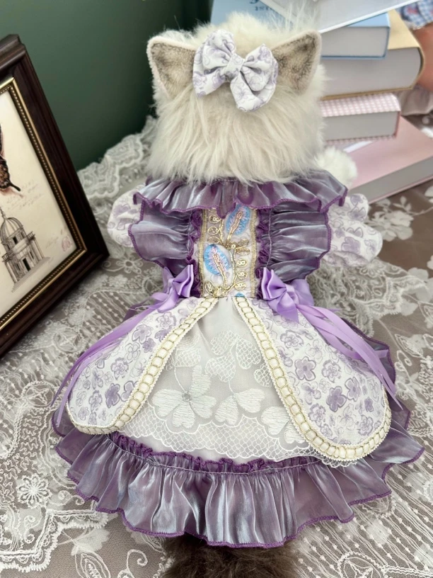 AW两半式紫色蝴蝶丝带宠物狗狗猫咪衣服泰迪比熊小型犬紫色网纱裙
