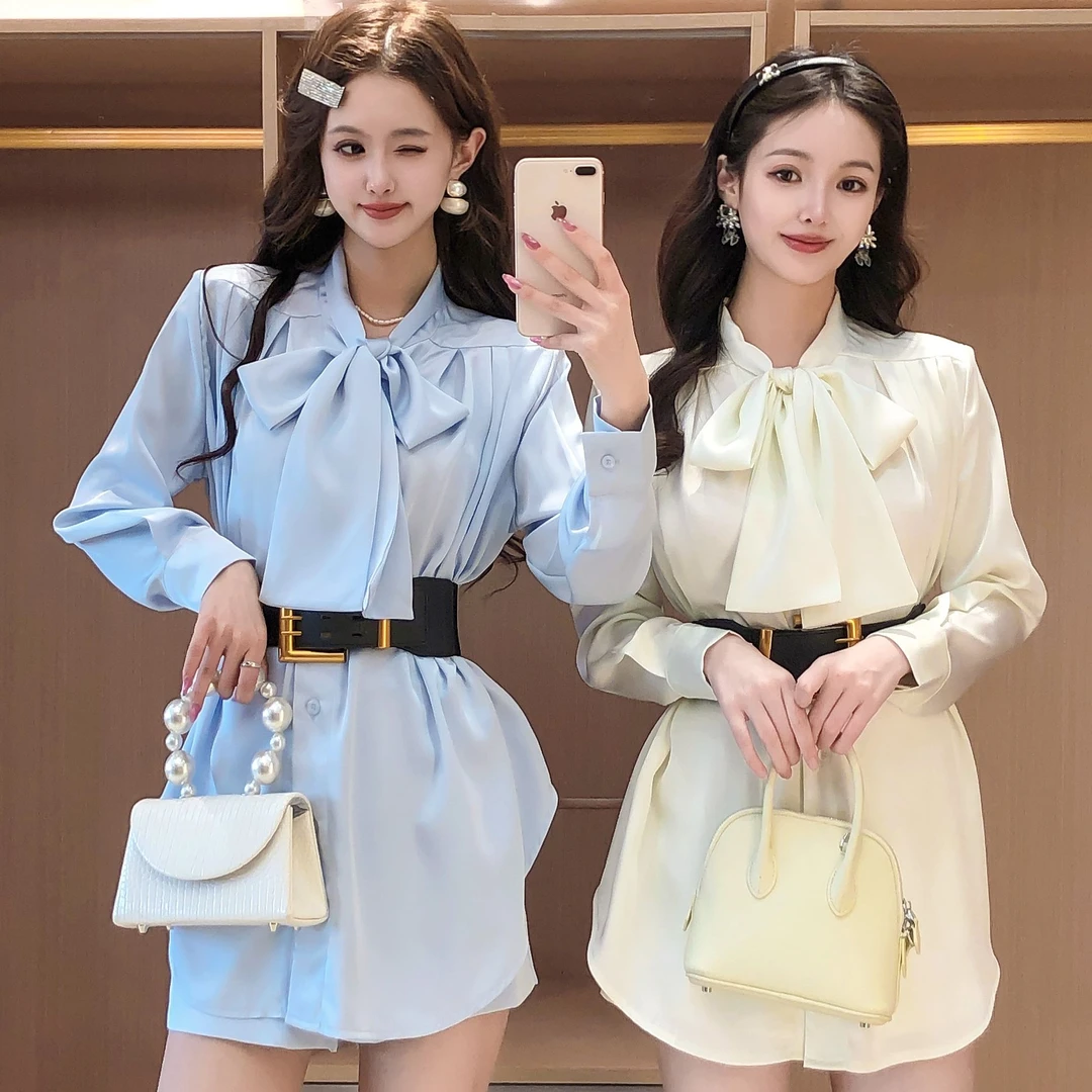 艾日秀春季新款2025系带蝴蝶结长款衬衫裙短裤配腰带套装 E8670