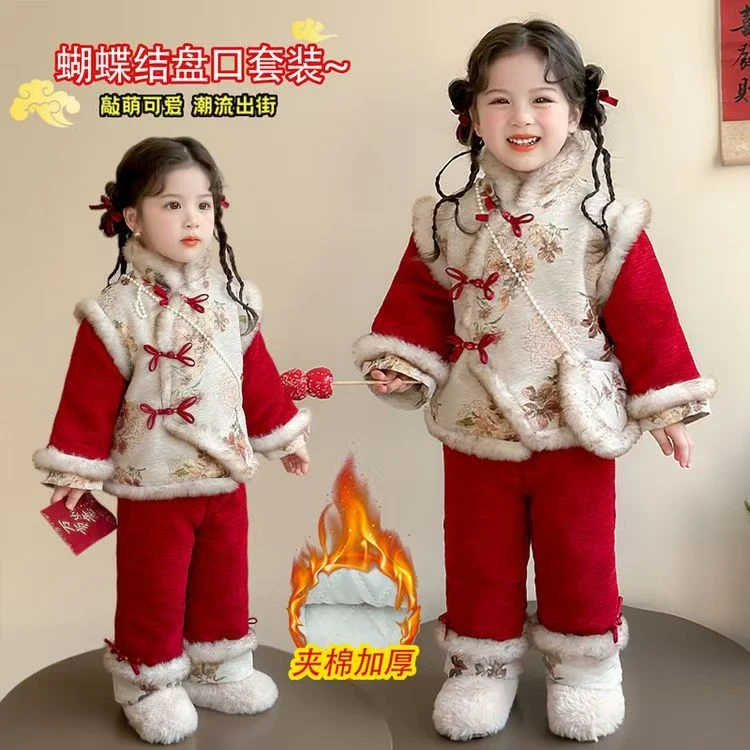 厚款纯色冬季碎花唐装冬款加绒宝宝加厚秋冬女童汉服潮流