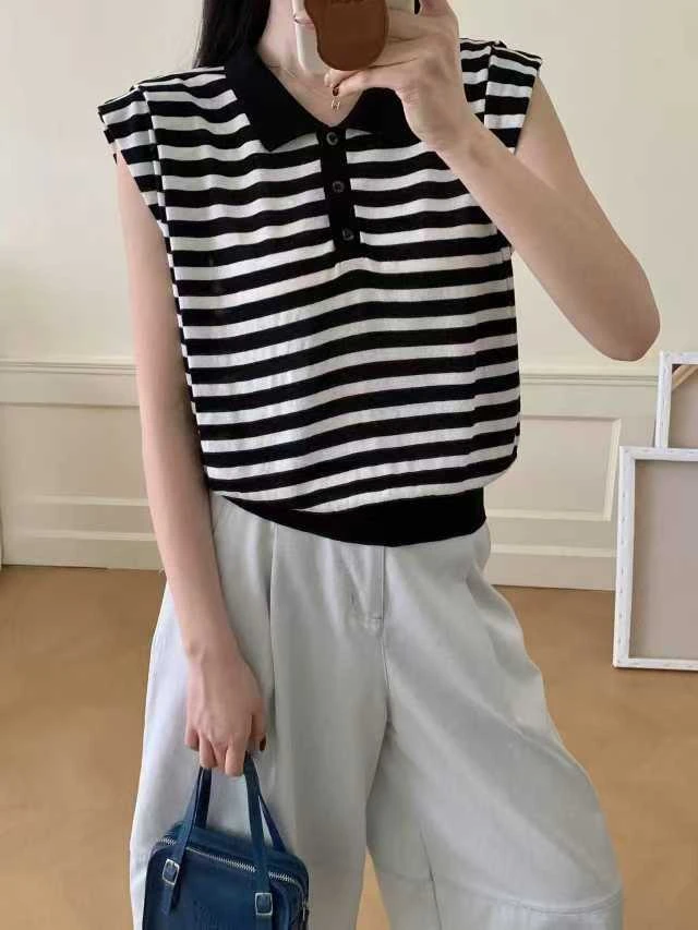 天丝亚麻小翻领条纹撞色针织衫上衣显瘦无袖衬衫洋气夏季