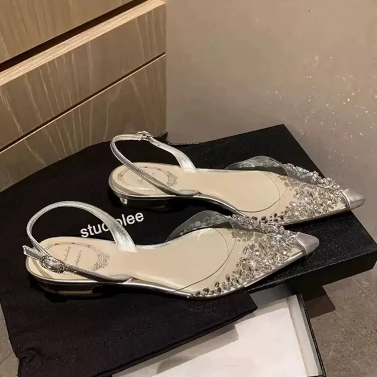 精致水钻～新款透明尖头低跟凉鞋仙女风小众包头水钻平底鞋女