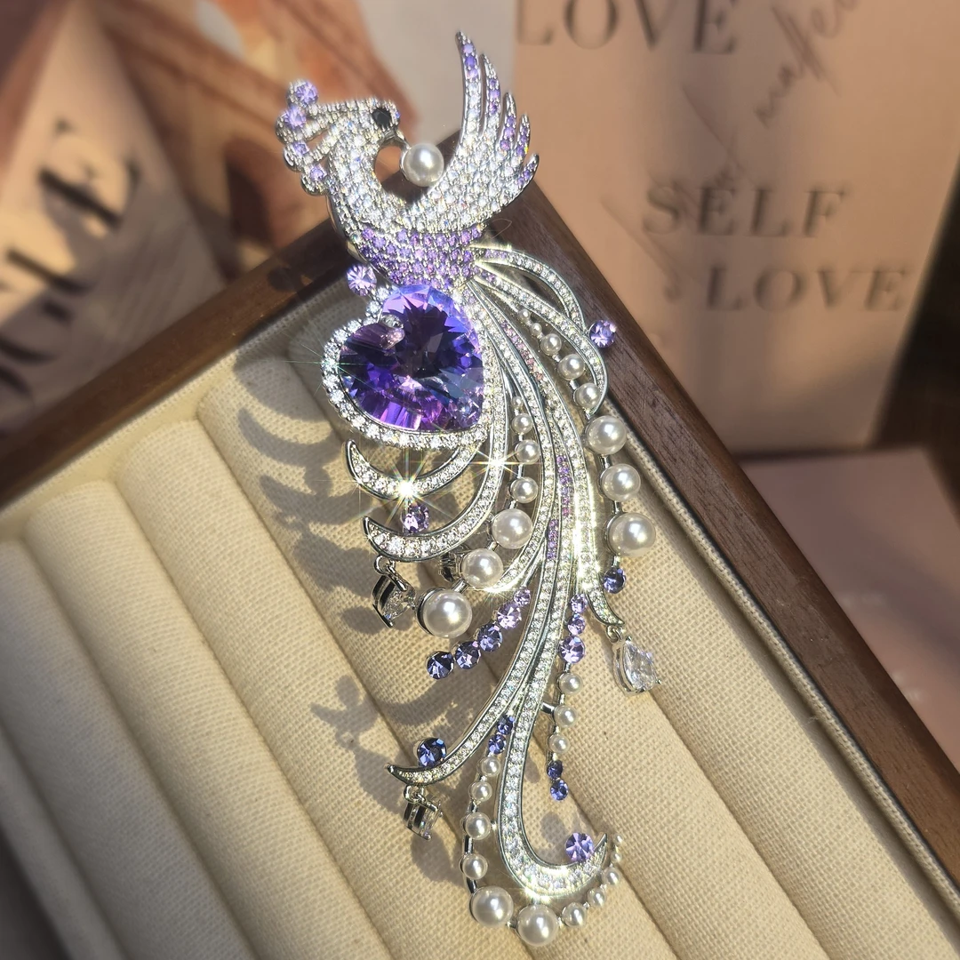 铜合金胸针 百搭大气简约紫色华子胸针大凤凰别针大衣配饰1196