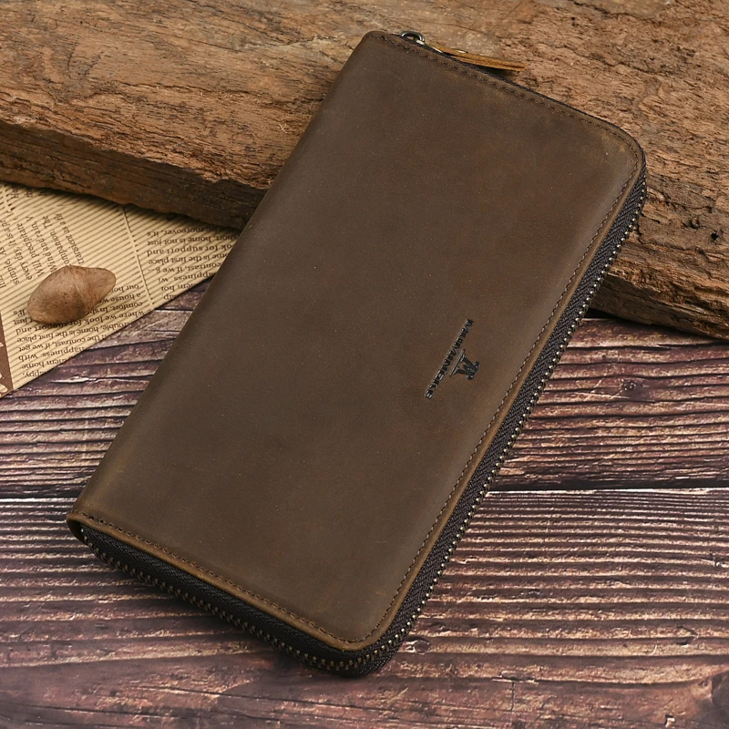 休闲头层牛皮男士钱包大容量手拿包多功能疯马牛皮钱包男士长款
