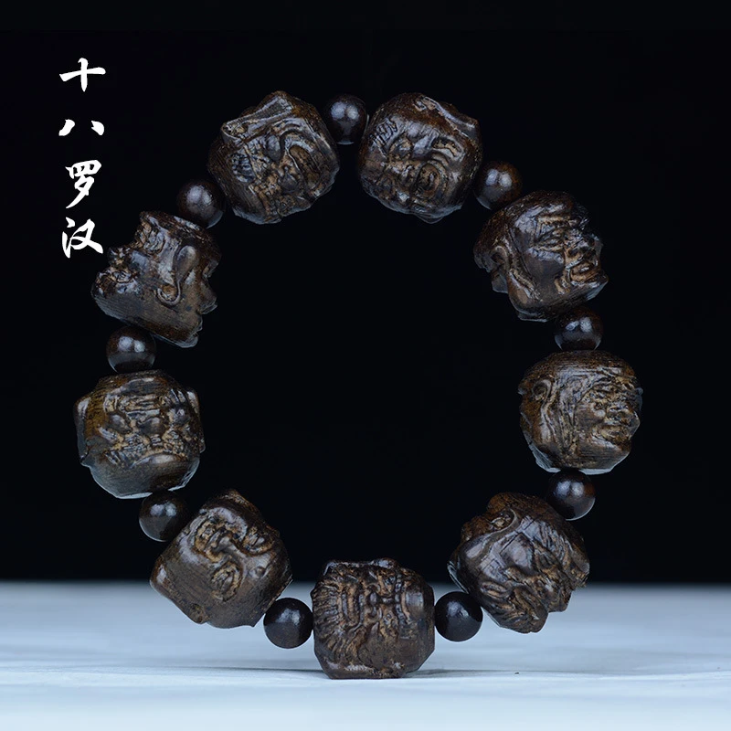 A130皮灰木黑檀雕刻手串十八罗汉珠个性木质手串文玩佛珠念珠单圈