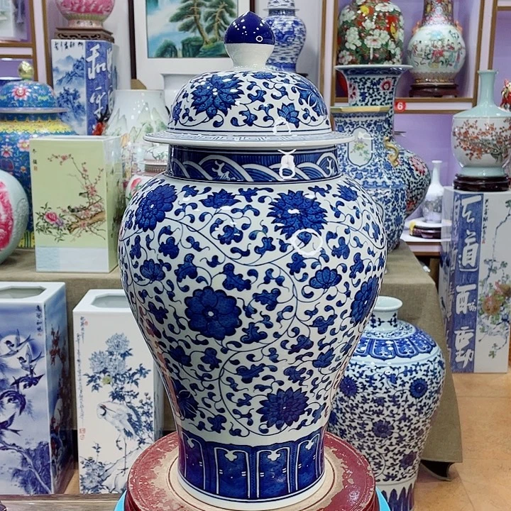 花瓶全手工釉下青花将军罐