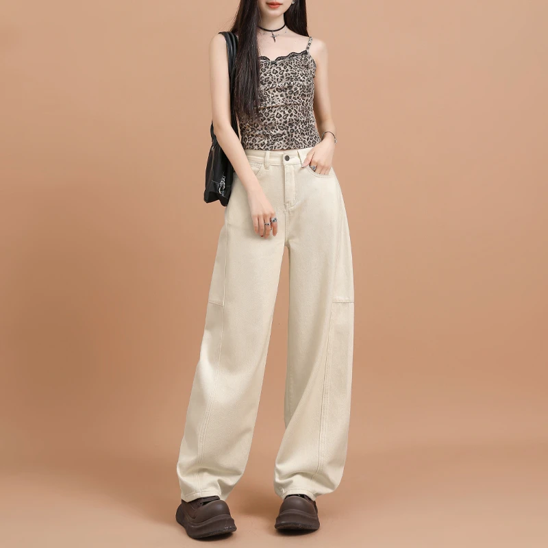 2025秋季新款优雅浅杏色休闲牛仔裤女高级设计感高腰宽松弯刀裤